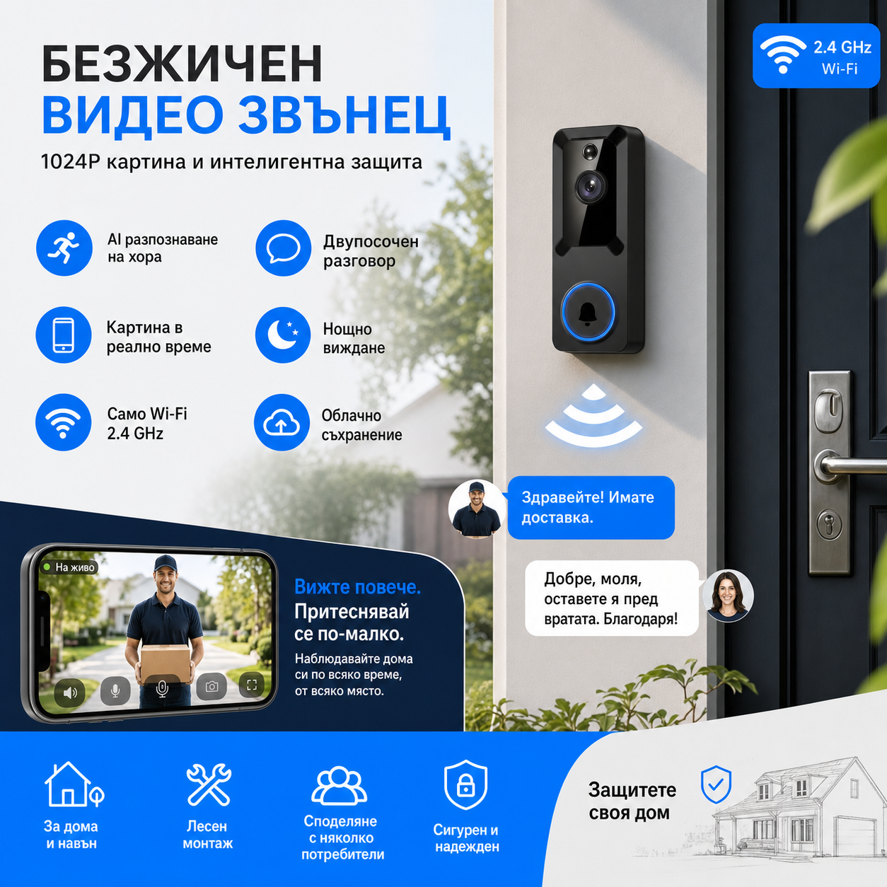 HomePlus Смарт звънец за врата 1024P и основни функции