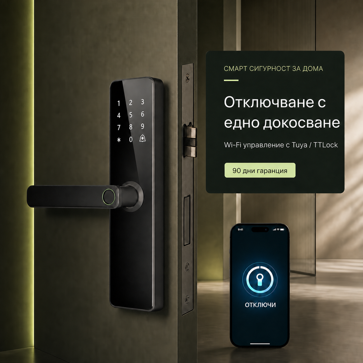 Смарт брава KROVI F03, монтирана на интериорна врата
